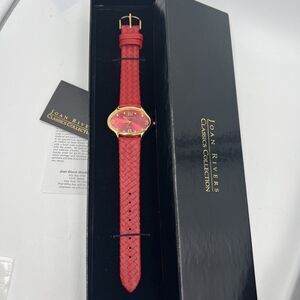 Vintage Joan Rivers Watch Women Gold Tone Oval Red Woven Genuine Leather In Box